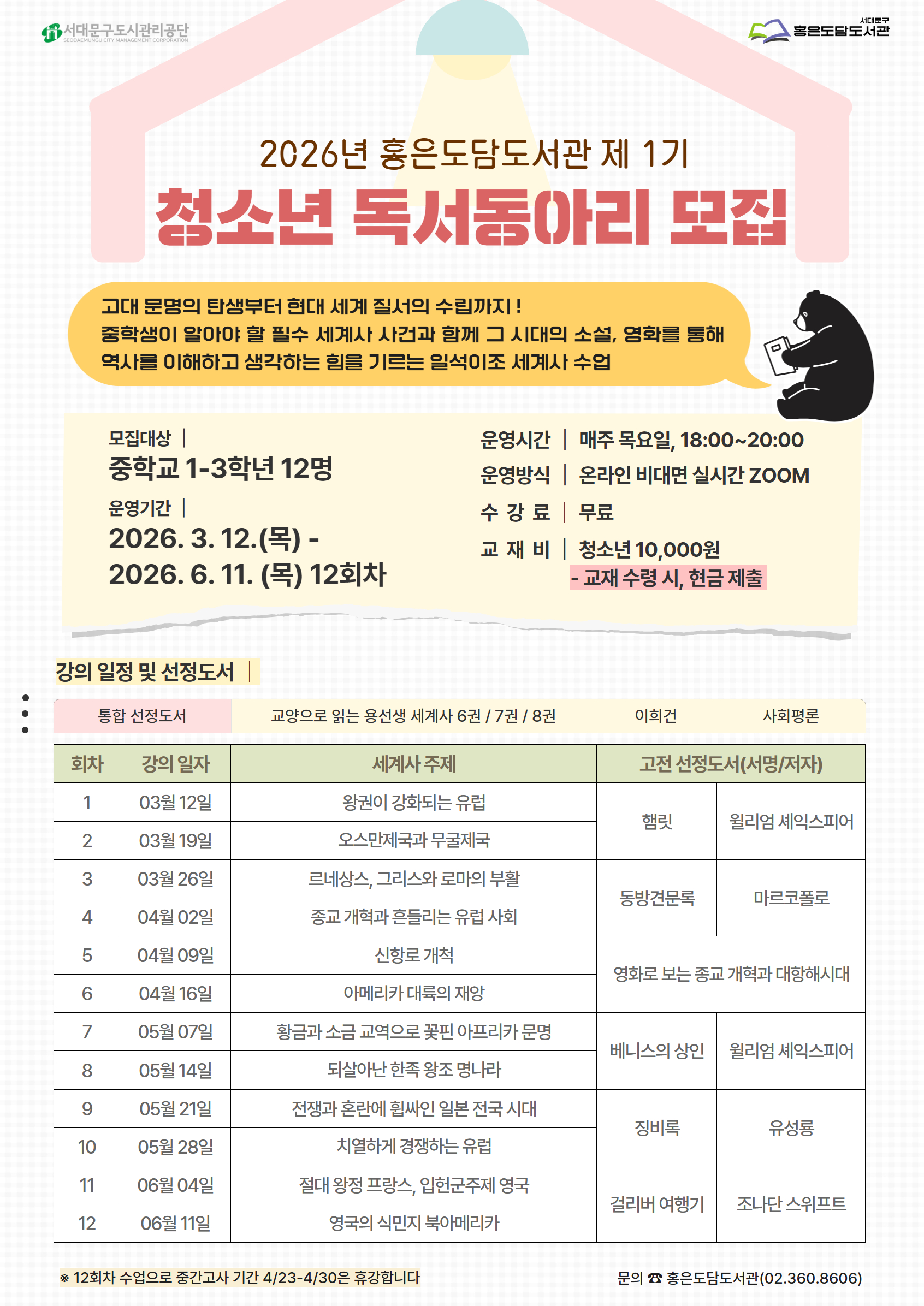 2026년 홍은도담도서관 제 1기 청소년 독서동아리 모집 고대 문명의 탄생부터 현대 세계 질서의 수립까지 ! 중학생이 알아야 할 필수 세계사 사건과 함께 그 시대의 소설, 영화를 통해 역사를 이해하고 생각하는 힘을 기르는 일석이조 세계사 수업 모집대상| 중학교 1-3학년 12명 운영기간 | 2026.3. 12.(목)-2026.6. 11. (목) 12회차 운영시간| 매주 목요일, 18:00~20:00 운영방식 온라인 비대면 실시간 ZOOM 수강료 무료 교재 비|청소년 10,000원 - 교재 수령 시, 현금 제출 강의 일정 및 선정도서 : 통합 선정도서 교양으로 읽는 용선생 세계사 6권 / 7권 / 8권 이희건 사회평론 회차 강의 일자 세계사 주제  고전 선정도서(서명/저자) 1 03월 12일 왕권이 강화되는 유럽 햄릿 윌리엄 셰익스피어 2 03월 19일 오스만제국과 무굴제국   3 03월 26일 르네상스, 그리스와 로마의 부활   4 04월 02일 종교 개혁과 흔들리는 유럽 사회 동방견문록 마르코폴로 5 04월 09일 신항로 개척  6 04월 16일 아메리카 대륙의 재앙  영화로 보는 종교 개혁과 대항해시대 7 05월 07일 황금과 소금 교역으로 꽃핀 아프리카 문명  8 05월 14일 되살아난 한족 왕조 명나라 베니스의 상인 윌리엄 셰익스피어 유성룡 9 05월 21일 전쟁과 혼란에 휩싸인 일본 전국 시대 징비록 10 05월 28일 치열하게 경쟁하는 유럽  조나단 스위프트 11 06월 04일 절대 왕정 프랑스, 입헌군주제 영국 걸리버 여행기 12 06월 11일 영국의 식민지 북아메리카   ※ 12회차 수업으로 중간고사 기간 4/23-4/30은 휴강합니다 문의 홍은도담도서관(02.360.8606